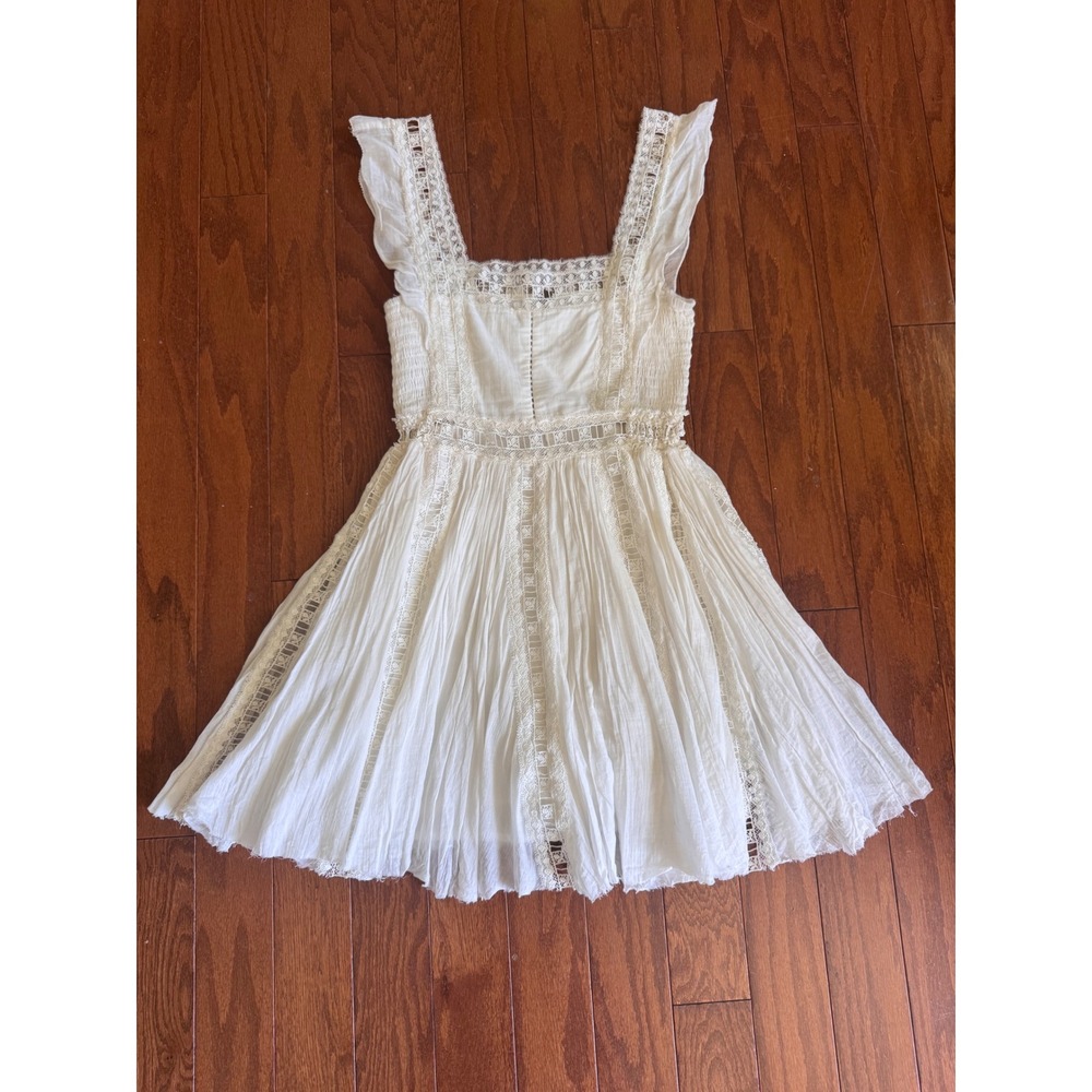 Free People FP One White Cotton Lace Ruffle Mini Dress XS Square Neck Smocked